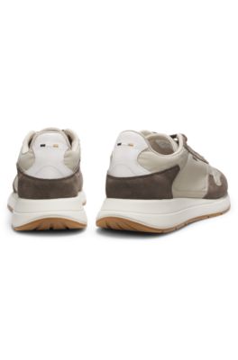 Lace-up trainers in lightweight fabric with suede trims, Light Beige