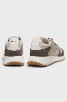 Lace-up trainers in lightweight fabric with suede trims, Light Beige