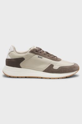 Lace-up trainers in lightweight fabric with suede trims, Light Beige