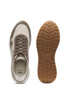Lace-up trainers in lightweight fabric with suede trims, Light Beige