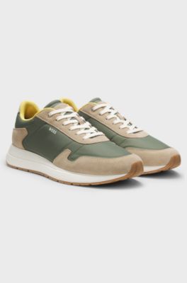 Lace-up trainers in lightweight fabric with suede trims, Light Green