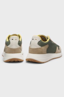 Lace-up trainers in lightweight fabric with suede trims, Light Green
