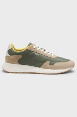 Lace-up trainers in lightweight fabric with suede trims, Light Green
