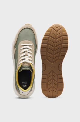 Lace-up trainers in lightweight fabric with suede trims, Light Green