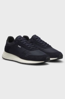 Lace-up trainers in lightweight fabric with suede trims, Dark Blue