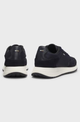 Lace-up trainers in lightweight fabric with suede trims, Dark Blue