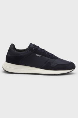 Lace-up trainers in lightweight fabric with suede trims, Dark Blue