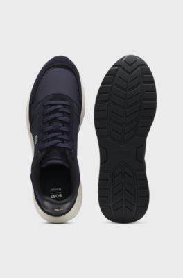 Lace-up trainers in lightweight fabric with suede trims, Dark Blue