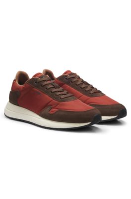 Lace-up trainers in lightweight fabric with suede trims, Red