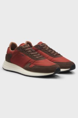 Lace-up trainers in lightweight fabric with suede trims, Red