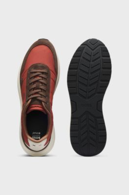 Lace-up trainers in lightweight fabric with suede trims, Red