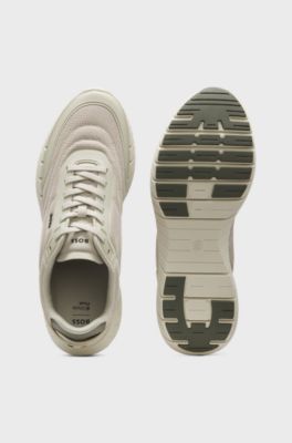 Sneakers stile runner con rifiniture in pelle, Beige chiaro