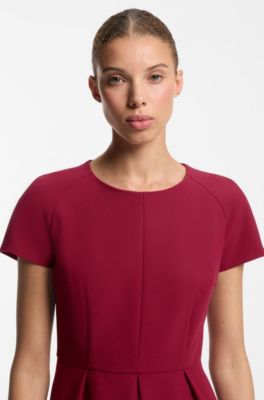 Short-sleeved dress in stretch fabric with pleated front, Dark Red