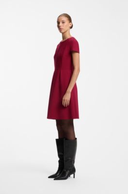 Short-sleeved dress in stretch fabric with pleated front, Dark Red