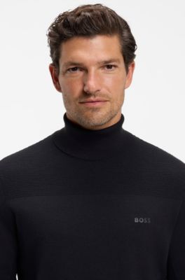 Wool-blend rollneck sweater with structured details, Dark Blue