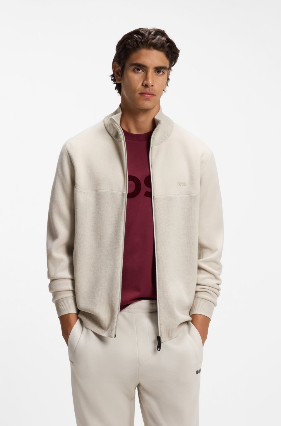 Hybrid zip-through jacket in stretch fabric