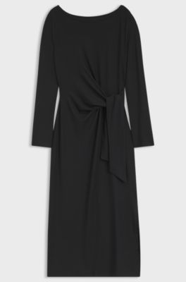 Long-sleeved jersey maxi dress with tie waist, Black