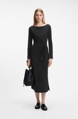 Long-sleeved jersey maxi dress with tie waist, Black