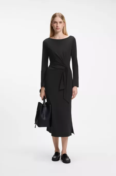 Long-sleeved jersey maxi dress with tie waist