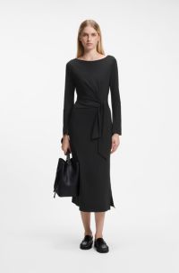 Long-sleeved jersey maxi dress with tie waist, Black