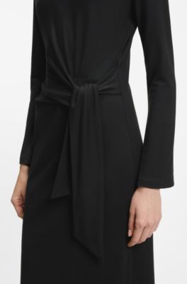 Long-sleeved jersey maxi dress with tie waist, Black