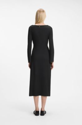 Long-sleeved jersey maxi dress with tie waist, Black