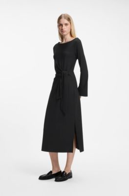 Long-sleeved jersey maxi dress with tie waist, Black