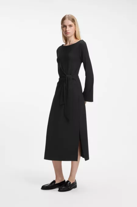 Long-sleeved jersey maxi dress with tie waist