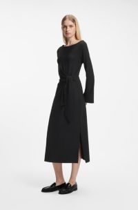Long-sleeved jersey maxi dress with tie waist, Black