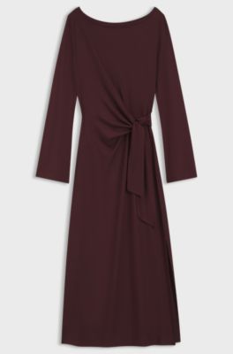 Long-sleeved jersey maxi dress with tie waist, Dark Red