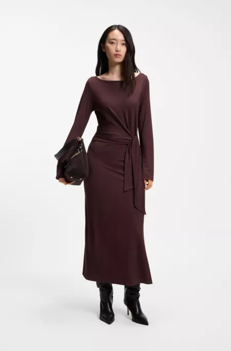Long-sleeved jersey maxi dress with tie waist