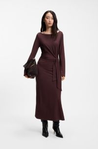 Long-sleeved jersey maxi dress with tie waist, Dark Red