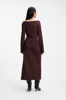 Long-sleeved jersey maxi dress with tie waist, Dark Red