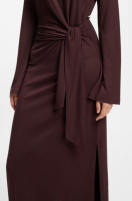 Long-sleeved jersey maxi dress with tie waist, Dark Red