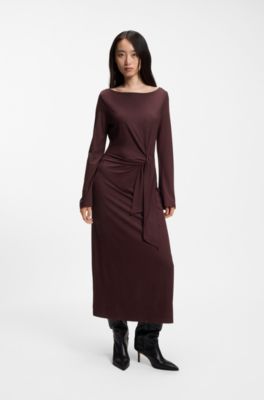 Long-sleeved jersey maxi dress with tie waist, Dark Red
