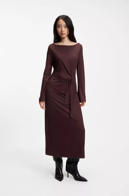 Long-sleeved jersey maxi dress with tie waist