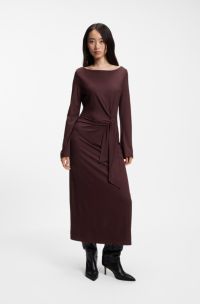 Long-sleeved jersey maxi dress with tie waist, Dark Red