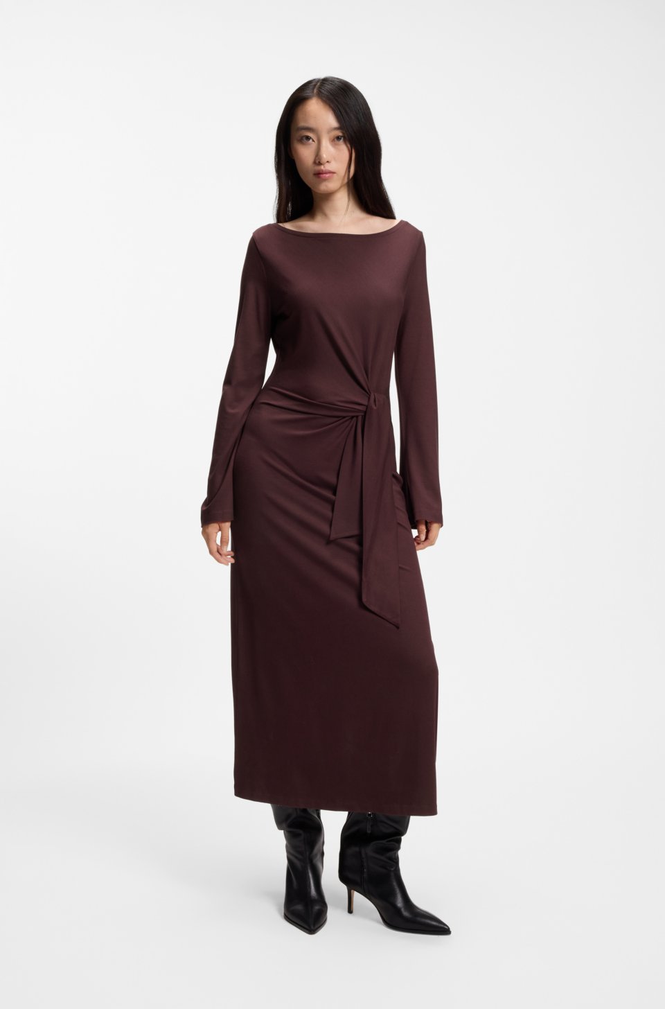 Long-sleeved jersey maxi dress with tie waist