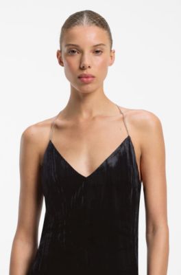 Velvet maxi dress with chain neckholder straps, Black