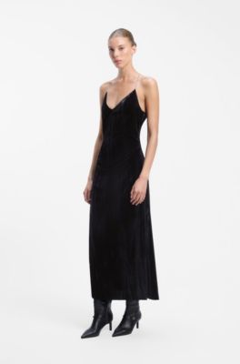 Velvet maxi dress with chain neckholder straps, Black