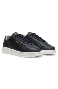 Leather trainers with gold-tone logo, Black