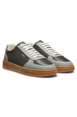 Leather trainers with gold-tone logo, Dark Grey