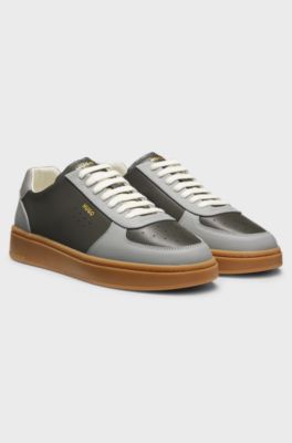 Leather trainers with gold-tone logo, Dark Grey