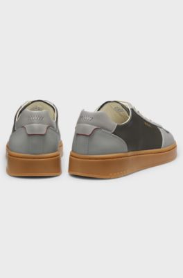 Leather trainers with gold-tone logo, Dark Grey