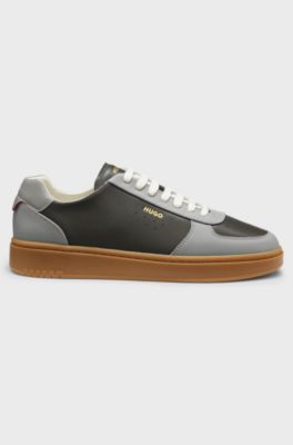 Leather trainers with gold-tone logo, Dark Grey