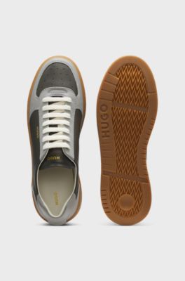Leather trainers with gold-tone logo, Dark Grey
