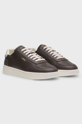 Leather trainers with gold-tone logo, Brown