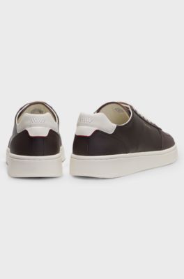 Leather trainers with gold-tone logo, Brown
