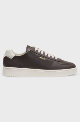 Leather trainers with gold-tone logo, Brown