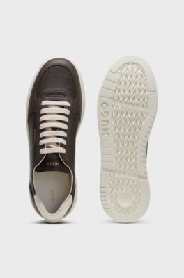 Leather trainers with gold-tone logo, Brown